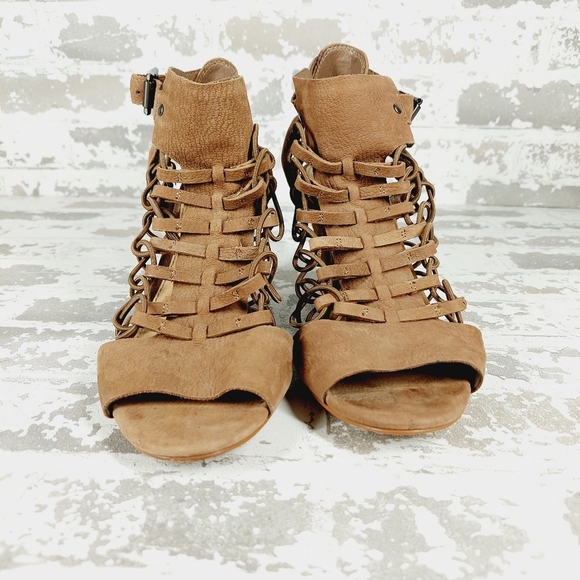 Vince Camuto Evel Brown Leather Ankle Strap Buckle Caged Heeled Sandals F204 - Picture 3 of 8